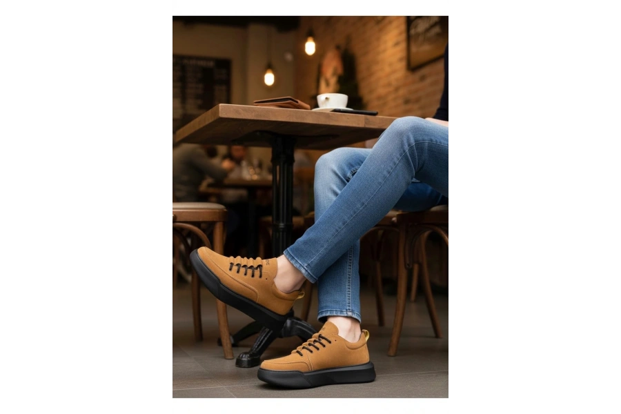 Shoecide Sb0332 Merdiven Desen Bağcıklı Erkek Yüksek Taban Taba Süet Siyah Taban Spor Ayakkabı