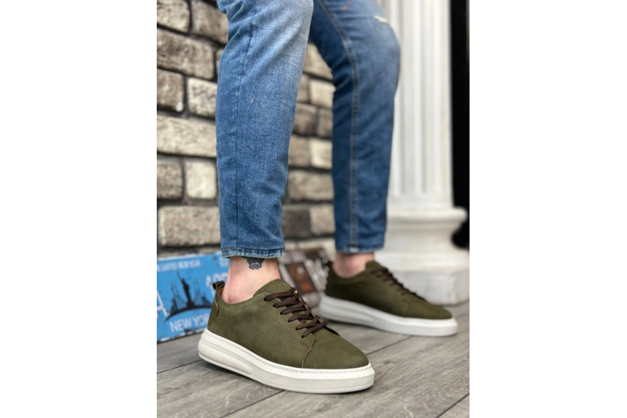Shoecide Sb0336 İçi Dışı Hakiki Nubuk Deri Haki Bağcıklı Casual Erkek Ayakkabı