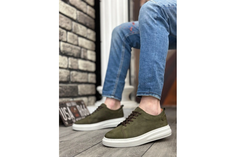 Shoecide Sb0336 İçi Dışı Hakiki Nubuk Deri Haki Bağcıklı Casual Erkek Ayakkabı