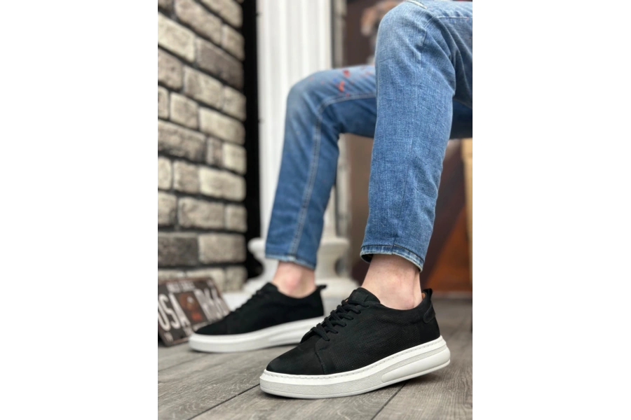 Shoecide Sb0336 İçi Dışı Hakiki Nubuk Deri Siyah Bağcıklı Casual Erkek Ayakkabı