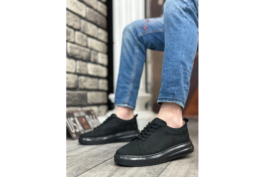 Shoecide Sb0336 İçi Dışı Hakiki Nubuk Deri Siyah Tabanlı Bağcıklı Casual Erkek Ayakkabı