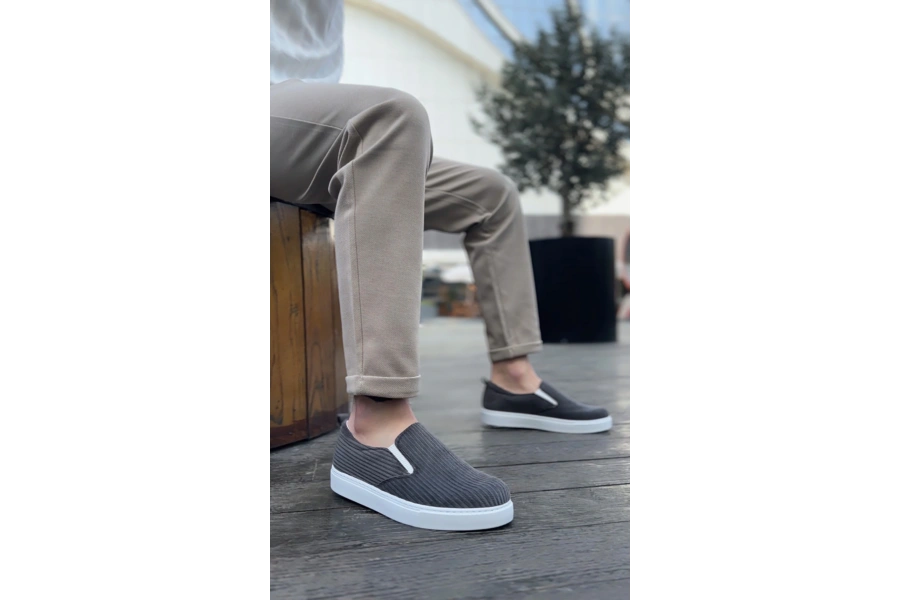 Shoecide Sb0339 Bağcıksız Kadife Gri Beyaz Taban Günlük Erkek Ayakkabı