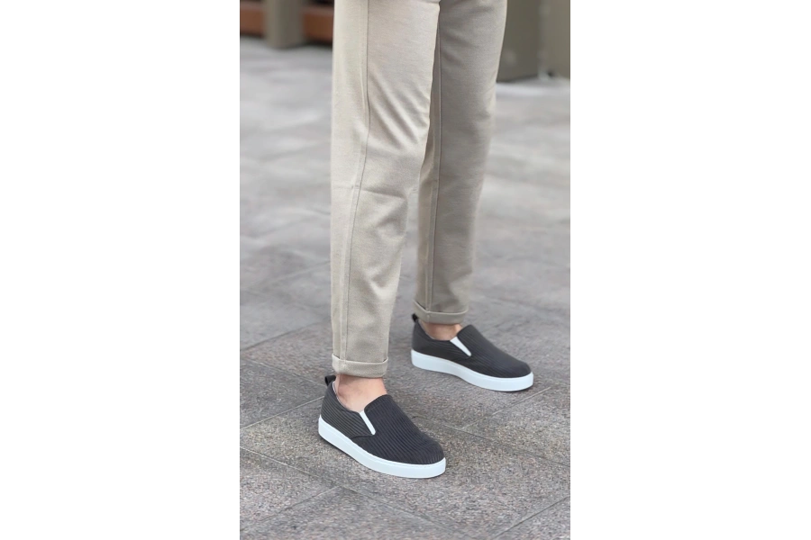 Shoecide Sb0339 Bağcıksız Kadife Gri Beyaz Taban Günlük Erkek Ayakkabı