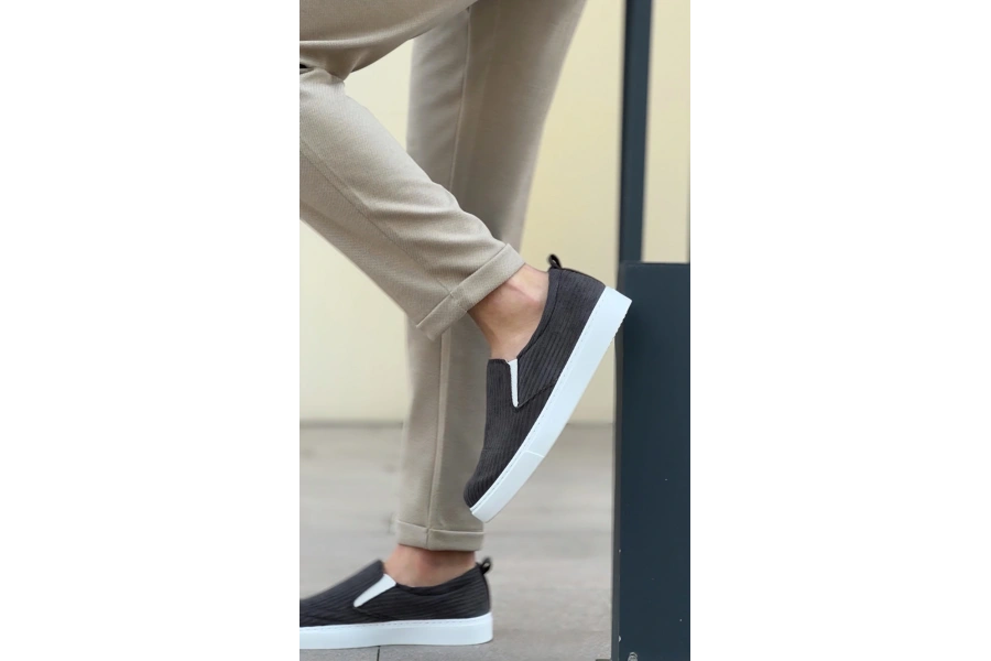 Shoecide Sb0339 Bağcıksız Kadife Gri Beyaz Taban Günlük Erkek Ayakkabı