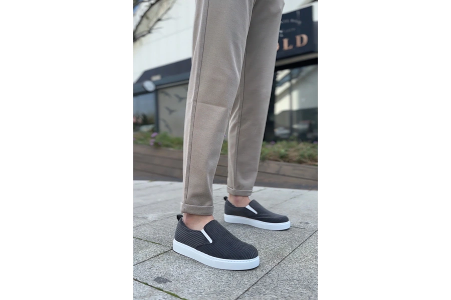 Shoecide Sb0339 Bağcıksız Kadife Gri Beyaz Taban Günlük Erkek Ayakkabı