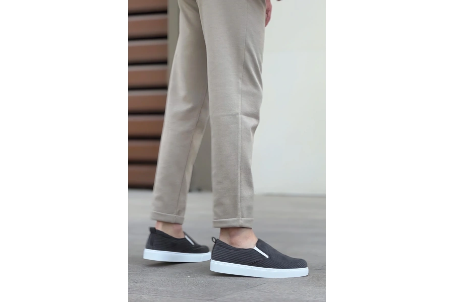 Shoecide Sb0339 Bağcıksız Kadife Gri Beyaz Taban Günlük Erkek Ayakkabı