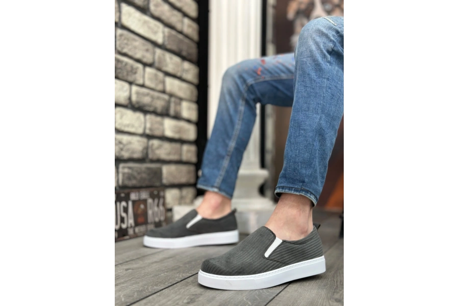 Shoecide Sb0339 Bağcıksız Kadife Gri Beyaz Taban Günlük Erkek Ayakkabı