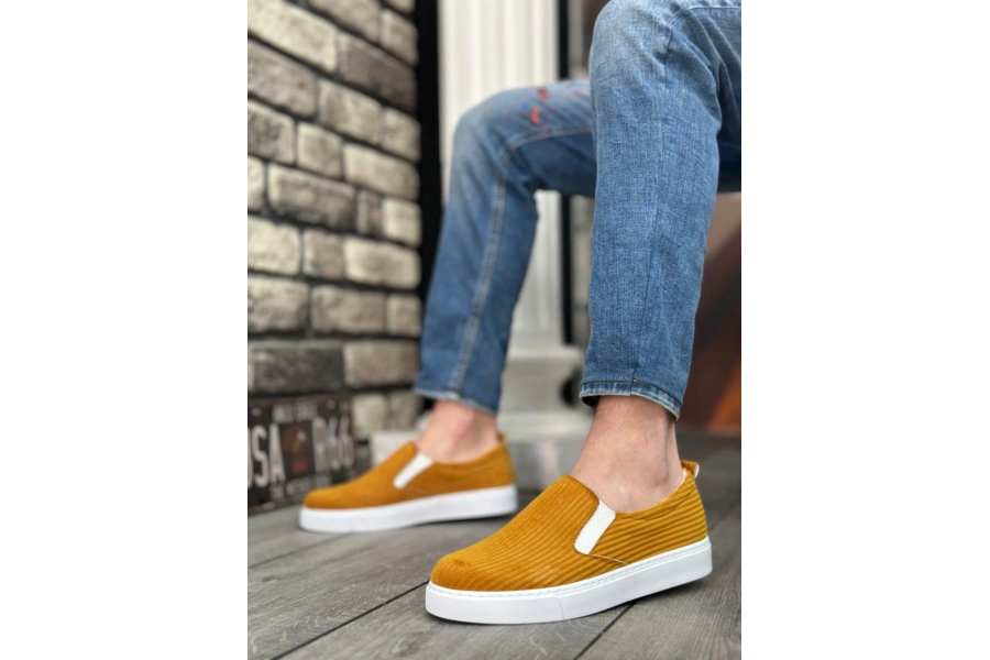 Shoecide Sb0339 Bağcıksız Kadife Hardal Beyaz Taban Günlük Erkek Ayakkabı
