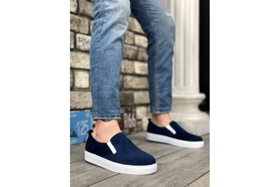 Shoecide Sb0339 Bağcıksız Kadife Lacivert Beyaz Taban Günlük Erkek Ayakkabı