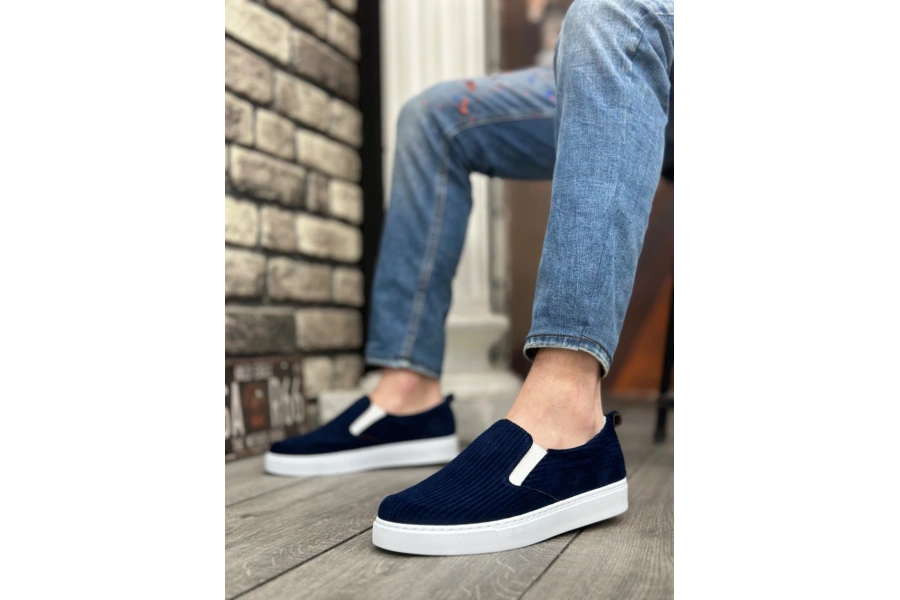Shoecide Sb0339 Bağcıksız Kadife Lacivert Beyaz Taban Günlük Erkek Ayakkabı