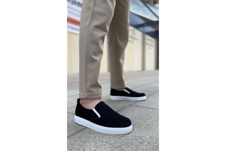 Shoecide Sb0339 Bağcıksız Kadife Siyah Beyaz Taban Günlük Erkek Ayakkabı