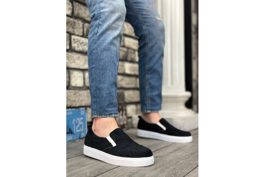 Shoecide Sb0339 Bağcıksız Kadife Siyah Beyaz Taban Günlük Erkek Ayakkabı
