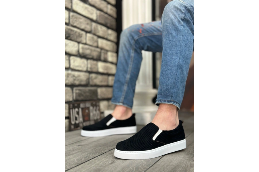 Shoecide Sb0339 Bağcıksız Kadife Siyah Beyaz Taban Günlük Erkek Ayakkabı