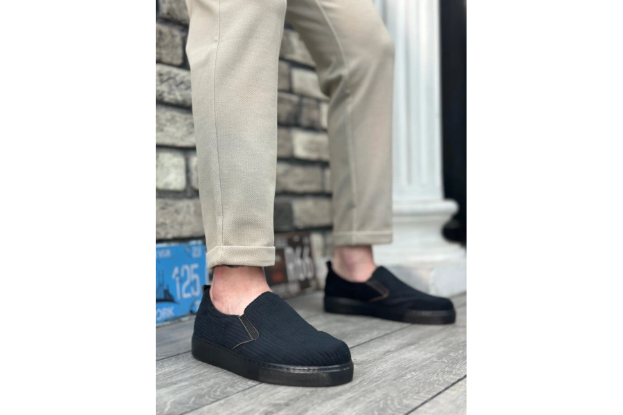Shoecide Sb0339 Bağcıksız Kadife Siyah Siyah Taban Günlük Erkek Ayakkabı