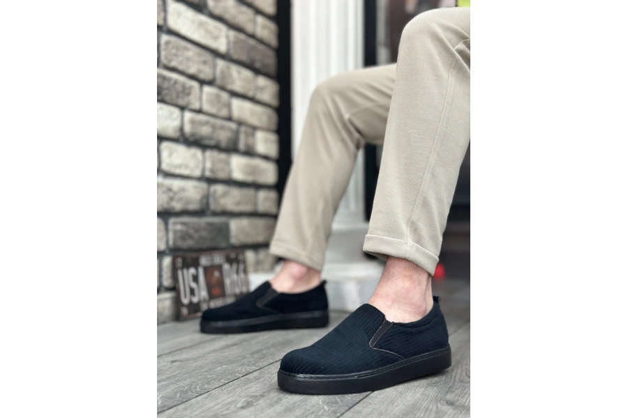 Shoecide Sb0339 Bağcıksız Kadife Siyah Siyah Taban Günlük Erkek Ayakkabı
