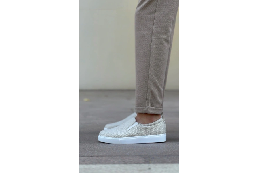 Shoecide Sb0339 Bağcıksız Keten Krem Beyaz Taban Günlük Erkek Ayakkabı