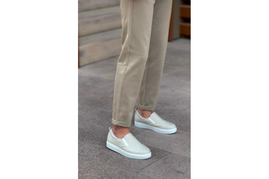 Shoecide Sb0339 Bağcıksız Keten Krem Beyaz Taban Günlük Erkek Ayakkabı