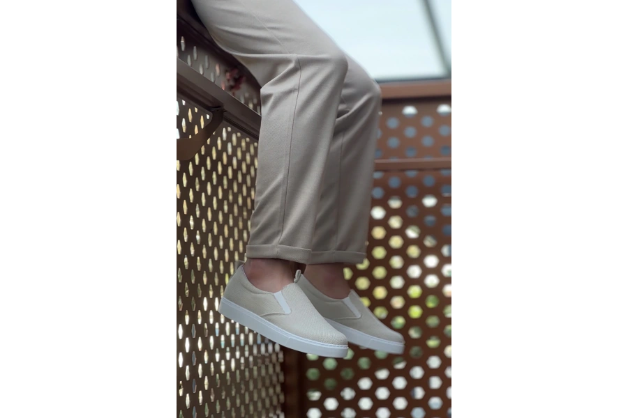 Shoecide Sb0339 Bağcıksız Keten Krem Beyaz Taban Günlük Erkek Ayakkabı