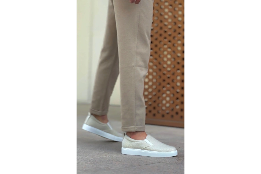 Shoecide Sb0339 Bağcıksız Keten Krem Beyaz Taban Günlük Erkek Ayakkabı