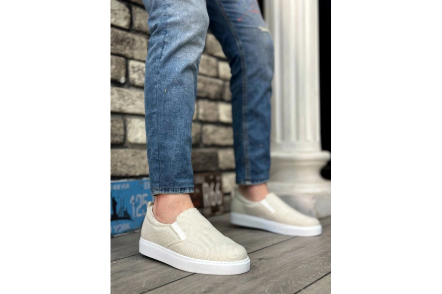 Shoecide Sb0339 Bağcıksız Keten Krem Beyaz Taban Günlük Erkek Ayakkabı