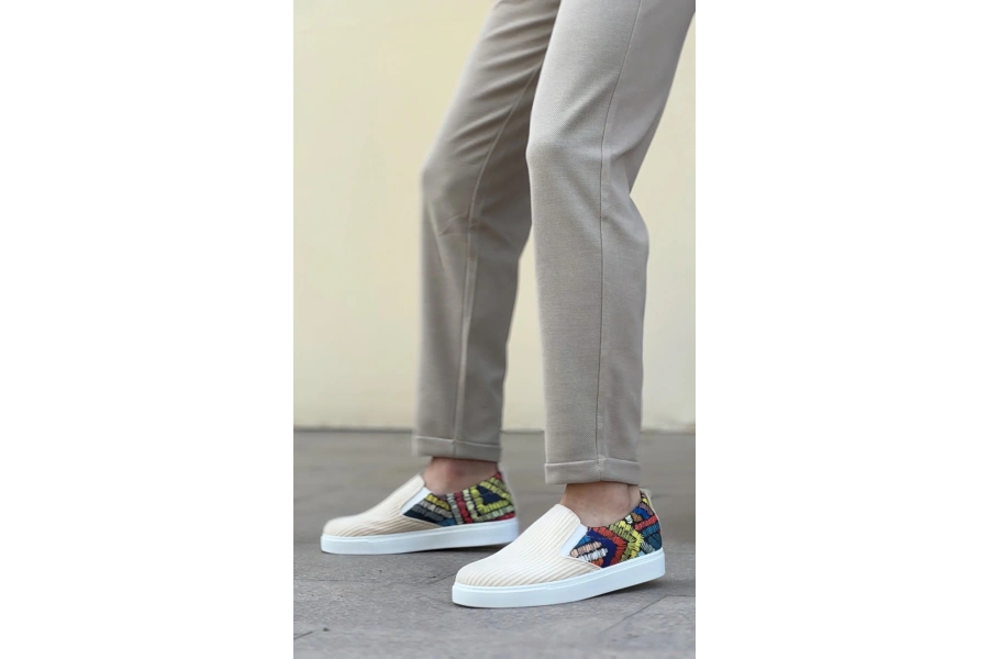 Shoecide Sb0339 Bağcıksız Keten Krem Renkli Desenli Beyaz Taban Günlük Erkek Ayakkabı