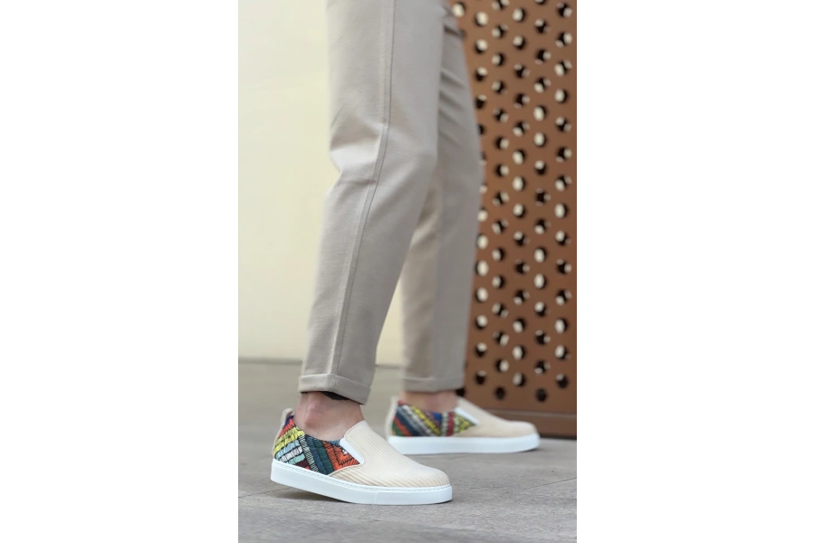 Shoecide Sb0339 Bağcıksız Keten Krem Renkli Desenli Beyaz Taban Günlük Erkek Ayakkabı