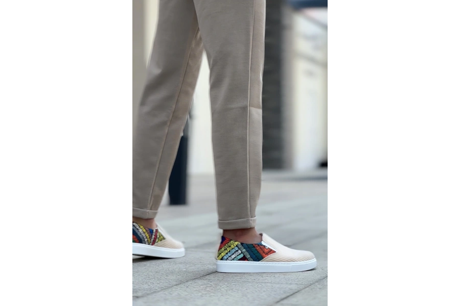 Shoecide Sb0339 Bağcıksız Keten Krem Renkli Desenli Beyaz Taban Günlük Erkek Ayakkabı