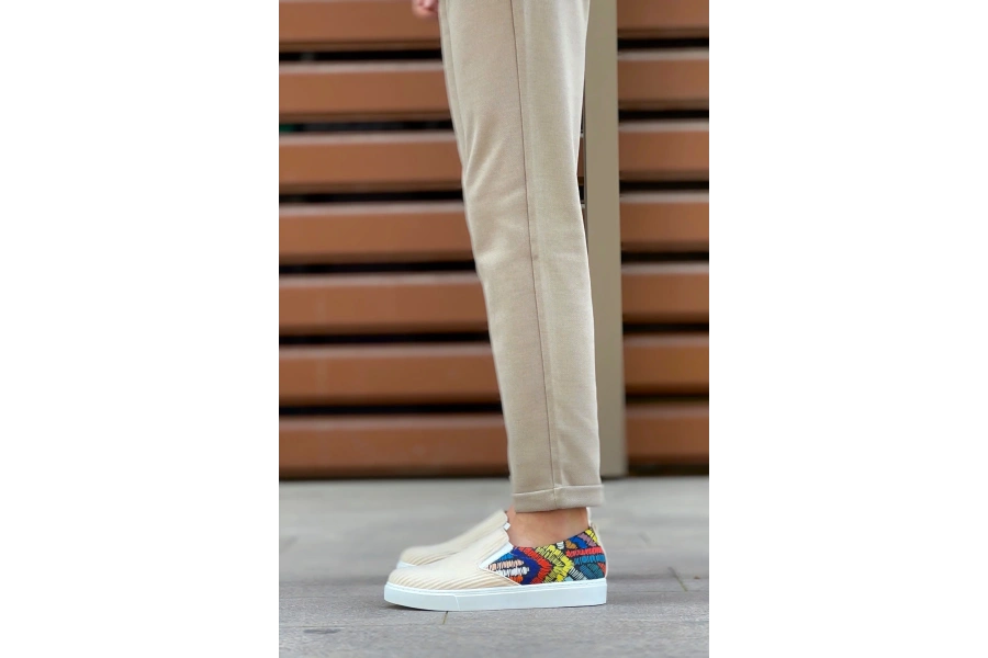 Shoecide Sb0339 Bağcıksız Keten Krem Renkli Desenli Beyaz Taban Günlük Erkek Ayakkabı