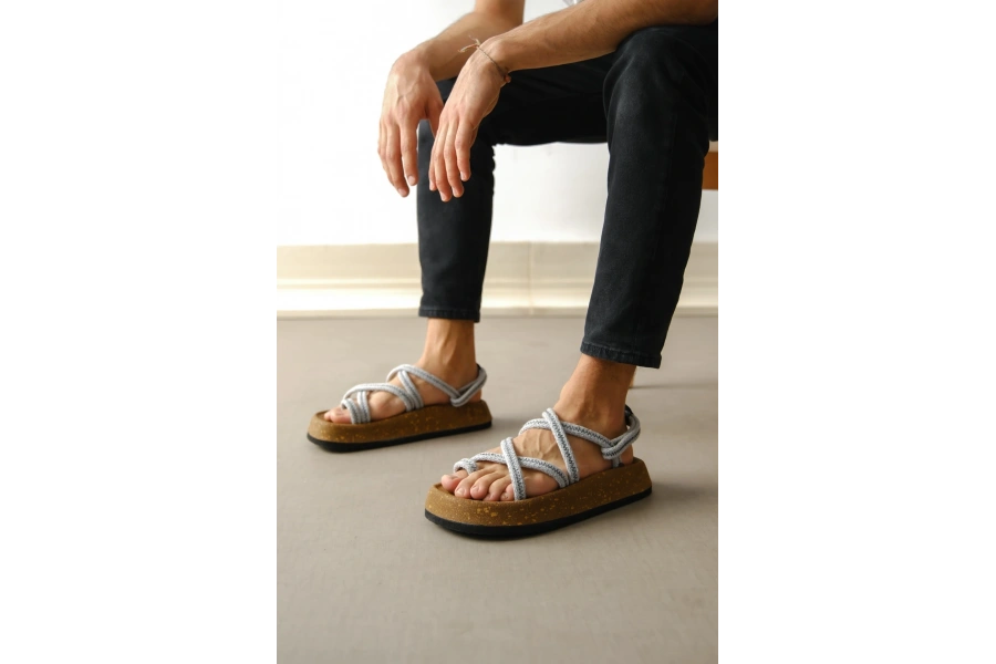Shoecide Sb0343 Erkek Bodrum İp Halat Gri Günlük Sandalet