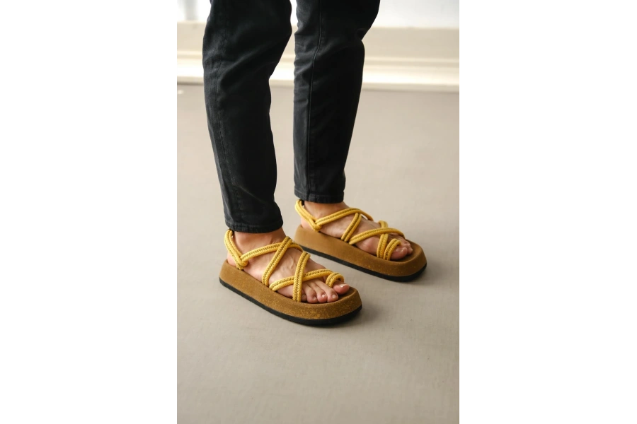 Shoecide Sb0343 Erkek Bodrum İp Halat Sarı Günlük Sandalet