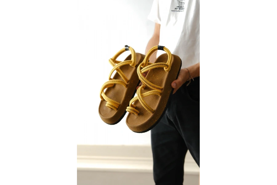 Shoecide Sb0343 Erkek Bodrum İp Halat Sarı Günlük Sandalet