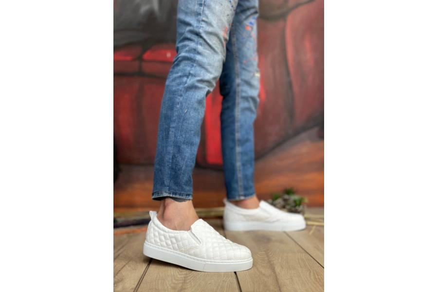 Shoecide Sb0353 Bağcıksız Kapitone Beyaz Günlük Erkek Ayakkabı