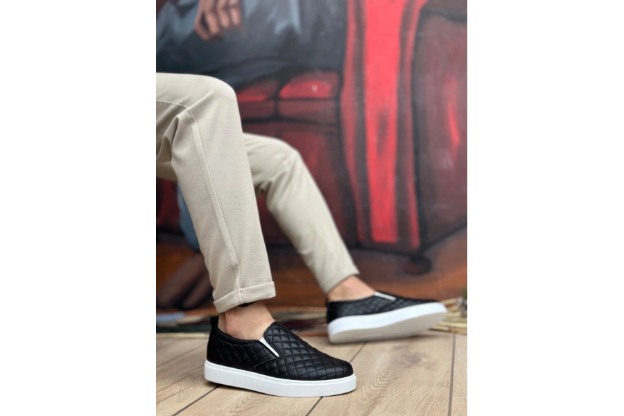 Shoecide Sb0353 Bağcıksız Kapitone Siyah Beyaz Taban Günlük Erkek Ayakkabı