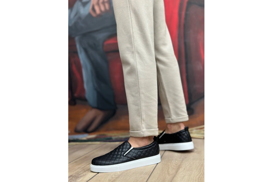 Shoecide Sb0353 Bağcıksız Kapitone Siyah Beyaz Taban Günlük Erkek Ayakkabı