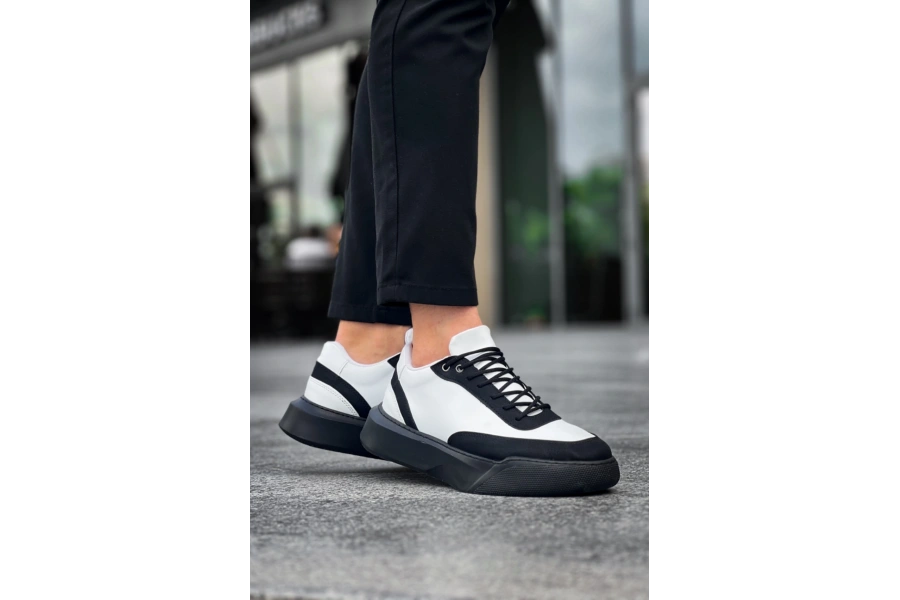 Shoecide Sb0354 Günlük  Bağcıklı Erkek  Beyaz Parçalı Siyah  Yüksek Taban Spor Ayakkabı