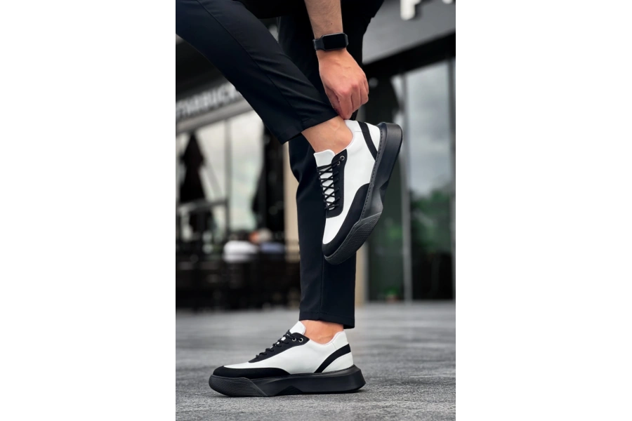 Shoecide Sb0354 Günlük  Bağcıklı Erkek  Beyaz Parçalı Siyah  Yüksek Taban Spor Ayakkabı