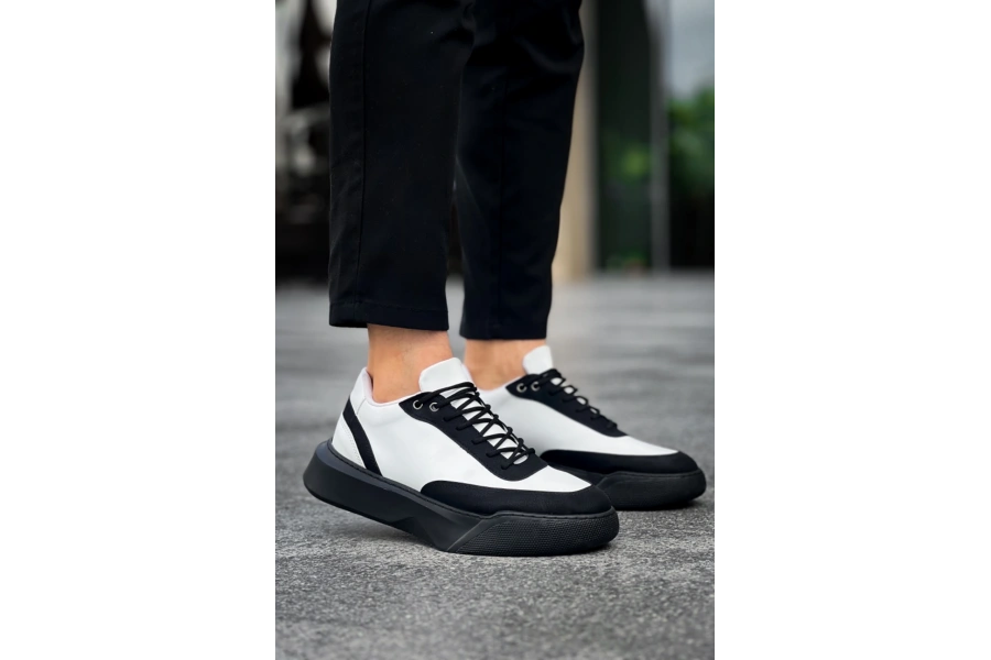 Shoecide Sb0354 Günlük  Bağcıklı Erkek  Beyaz Parçalı Siyah  Yüksek Taban Spor Ayakkabı