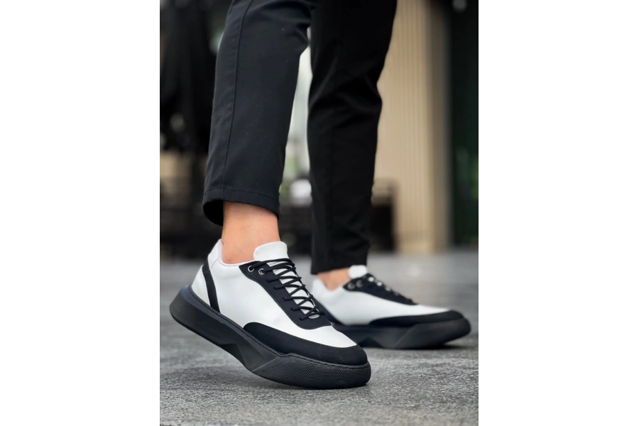Shoecide Sb0354 Günlük  Bağcıklı Erkek  Beyaz Parçalı Siyah  Yüksek Taban Spor Ayakkabı