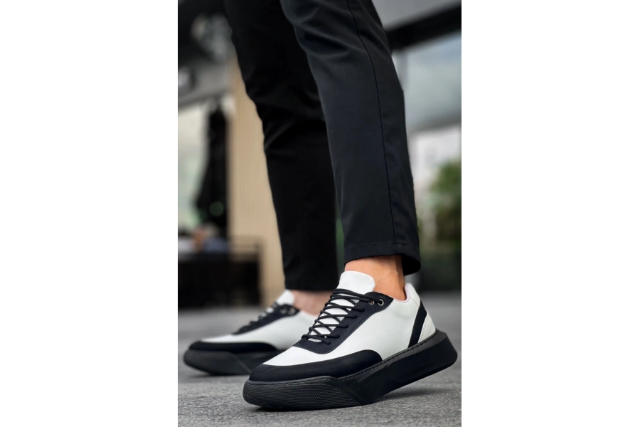 Shoecide Sb0354 Günlük  Bağcıklı Erkek  Beyaz Parçalı Siyah  Yüksek Taban Spor Ayakkabı