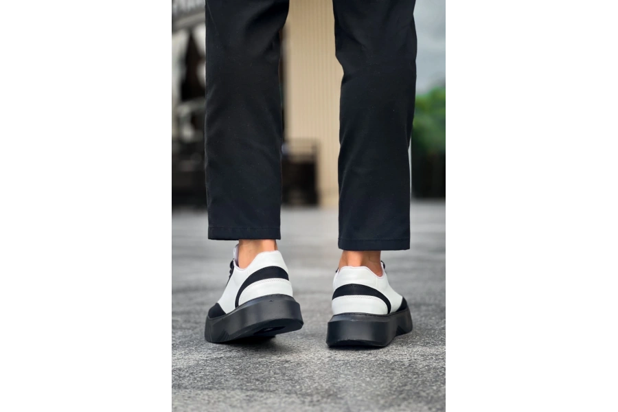 Shoecide Sb0354 Günlük  Bağcıklı Erkek  Beyaz Parçalı Siyah  Yüksek Taban Spor Ayakkabı