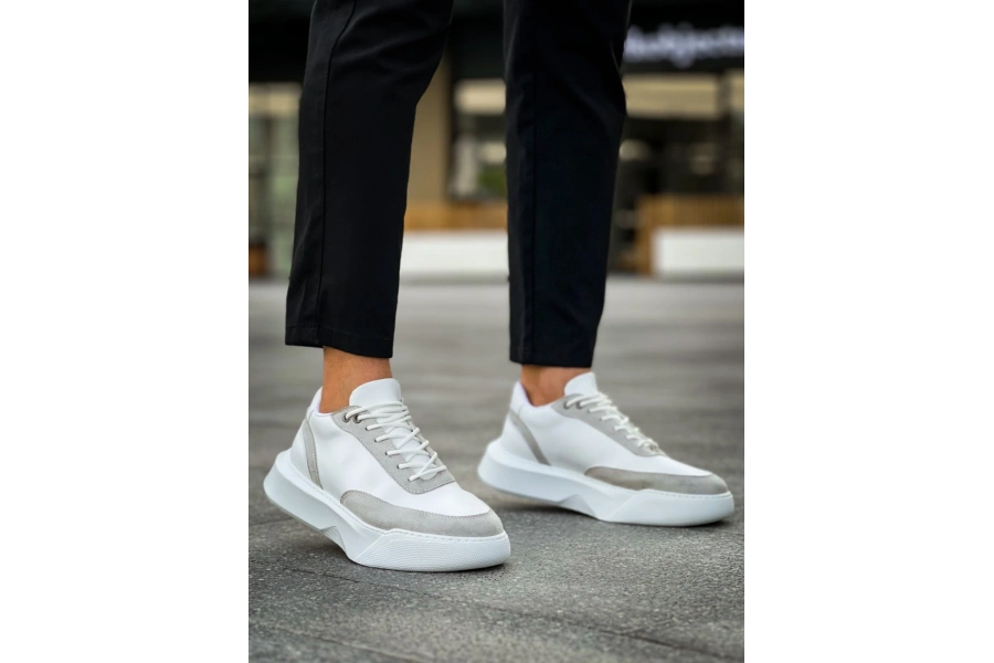 Shoecide Sb0354 Günlük Bağcıklı Erkek Gri Parçalı Beyaz  Yüksek Taban Spor Ayakkabı