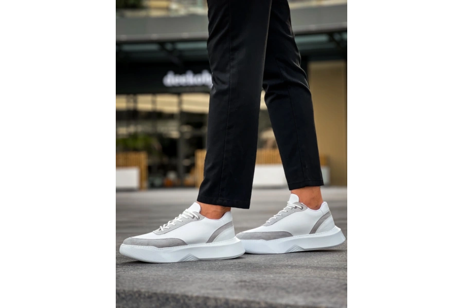 Shoecide Sb0354 Günlük Bağcıklı Erkek Gri Parçalı Beyaz  Yüksek Taban Spor Ayakkabı