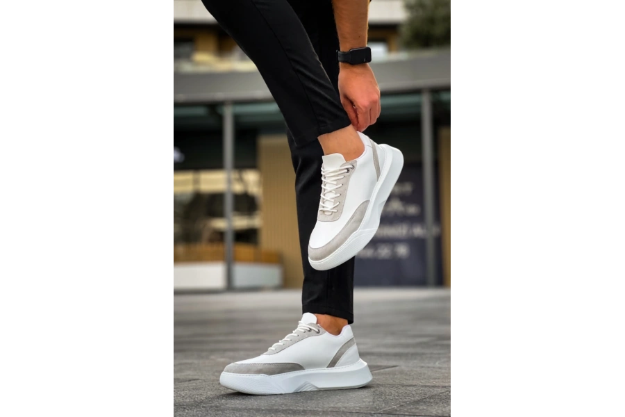 Shoecide Sb0354 Günlük Bağcıklı Erkek Gri Parçalı Beyaz  Yüksek Taban Spor Ayakkabı