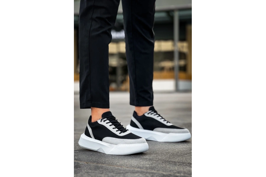 Shoecide Sb0354 Günlük Bağcıklı Erkek Gri Parçalı Siyah Yüksek  Taban Spor Ayakkabı