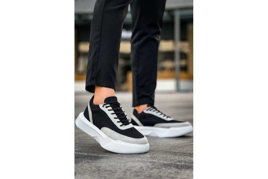 Shoecide Sb0354 Günlük Bağcıklı Erkek Gri Parçalı Siyah Yüksek  Taban Spor Ayakkabı