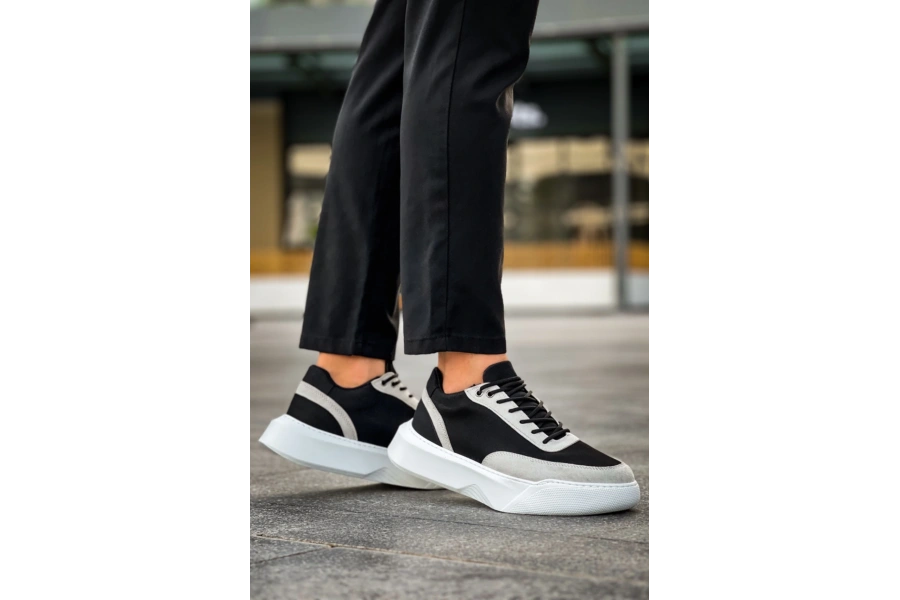 Shoecide Sb0354 Günlük Bağcıklı Erkek Gri Parçalı Siyah Yüksek  Taban Spor Ayakkabı