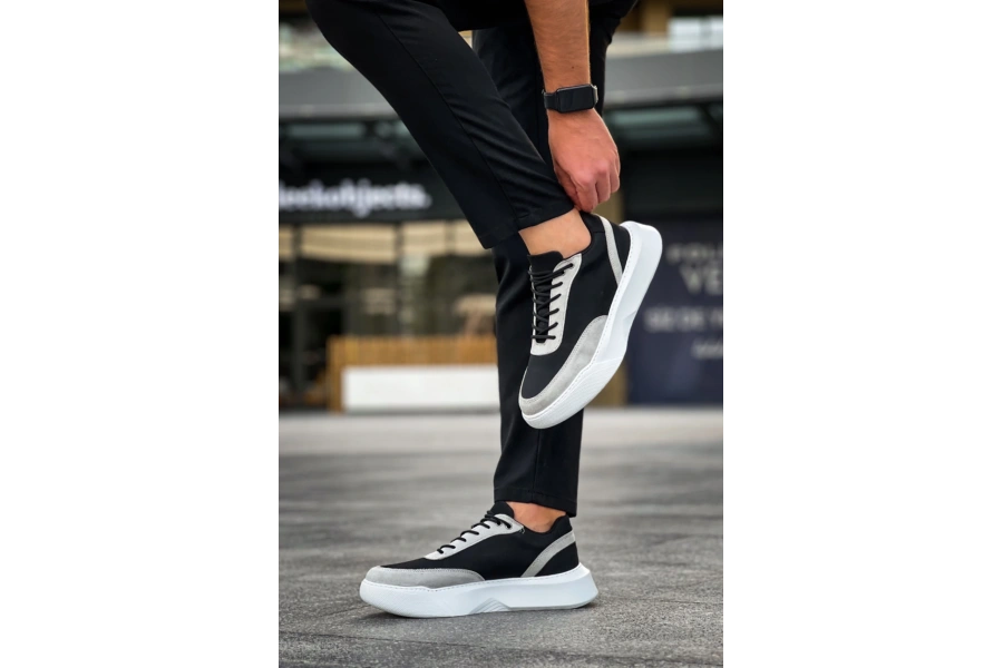 Shoecide Sb0354 Günlük Bağcıklı Erkek Gri Parçalı Siyah Yüksek  Taban Spor Ayakkabı