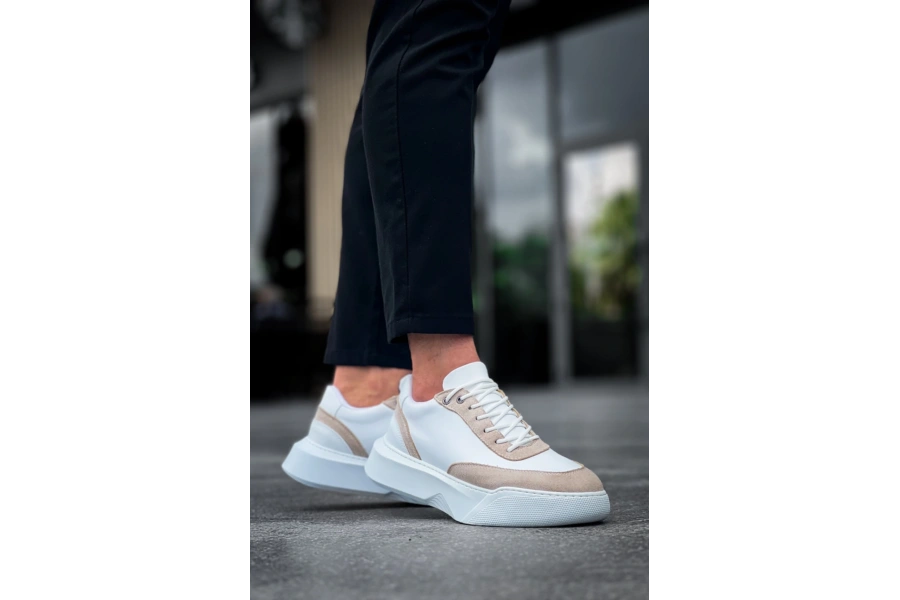 Shoecide Sb0354 Günlük  Bağcıklı Erkek  Krem Parçalı Beyaz  Yüksek Taban Spor Ayakkabı