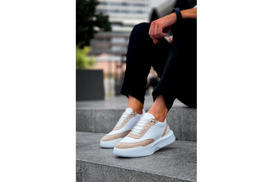 Shoecide Sb0354 Günlük  Bağcıklı Erkek  Krem Parçalı Beyaz  Yüksek Taban Spor Ayakkabı