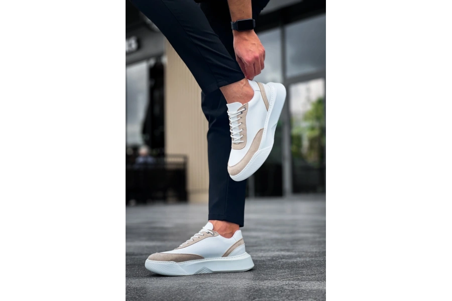 Shoecide Sb0354 Günlük  Bağcıklı Erkek  Krem Parçalı Beyaz  Yüksek Taban Spor Ayakkabı